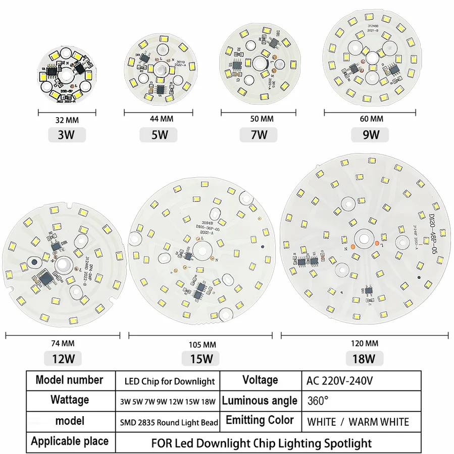 LED Chip for Downlight 3W 5W 7W 9W 12W 15W 18W SMD 2835 Round Light Beads AC 220V-240V