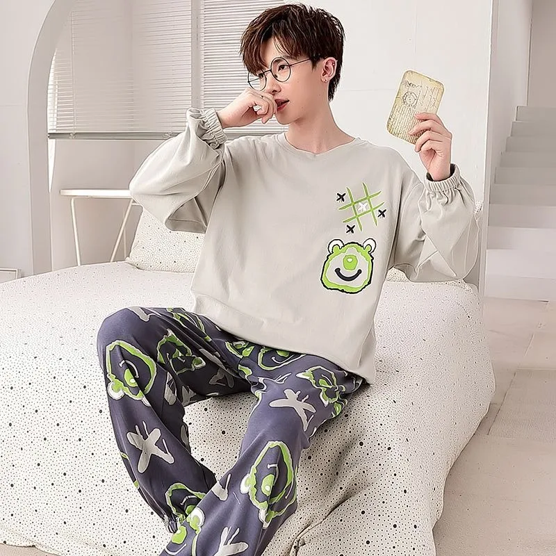 2024 New Men's Pajamas Long Sleeve Cotton Spring Autumn Sleepwear Cartoon Teen Student Round Collar Loungewear Winter Suits