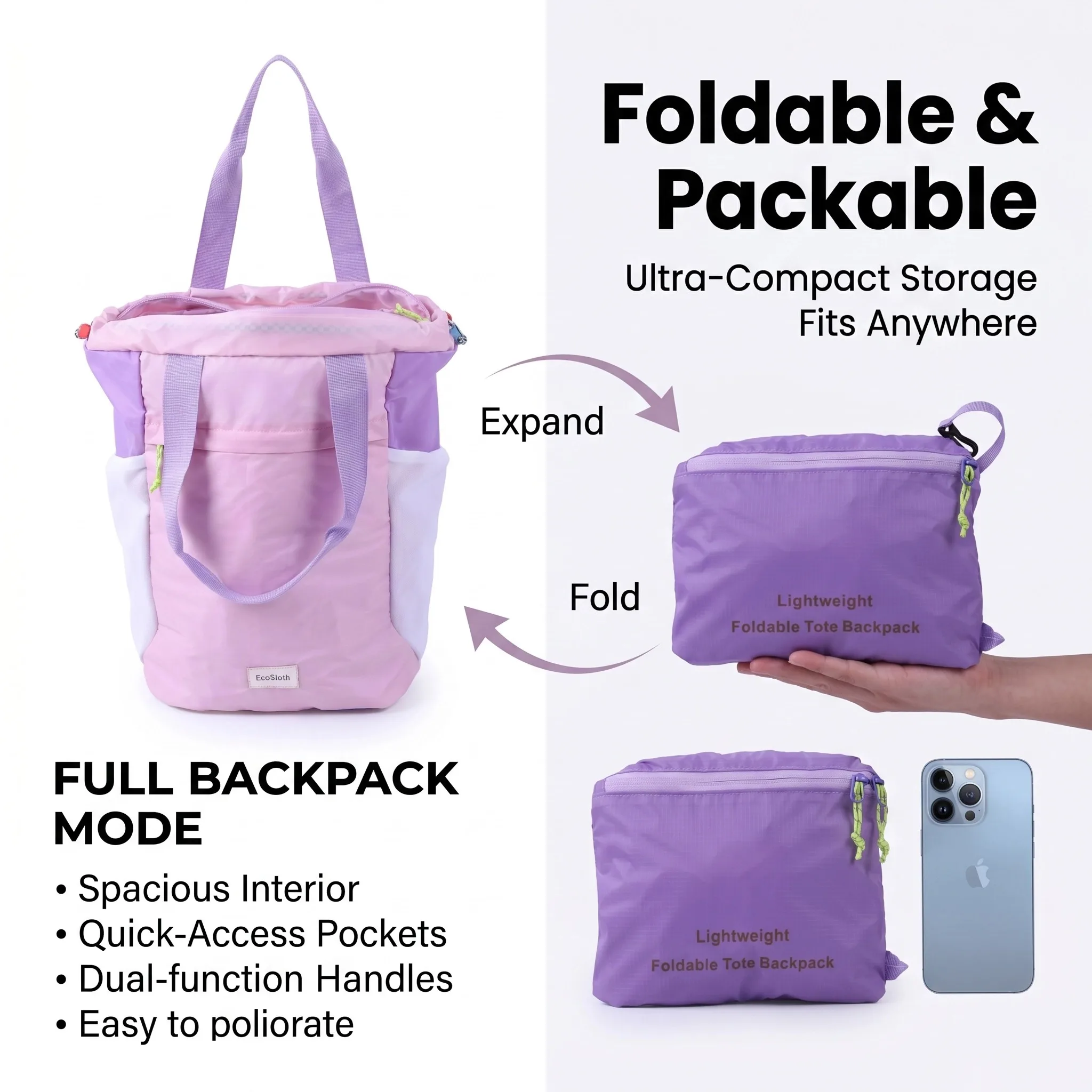 EcoSloth Foldable Tactical Backpack With Water Resistant & Large Capacity Airplane Travel Carbin Duffle Bag School Work Daypack 2