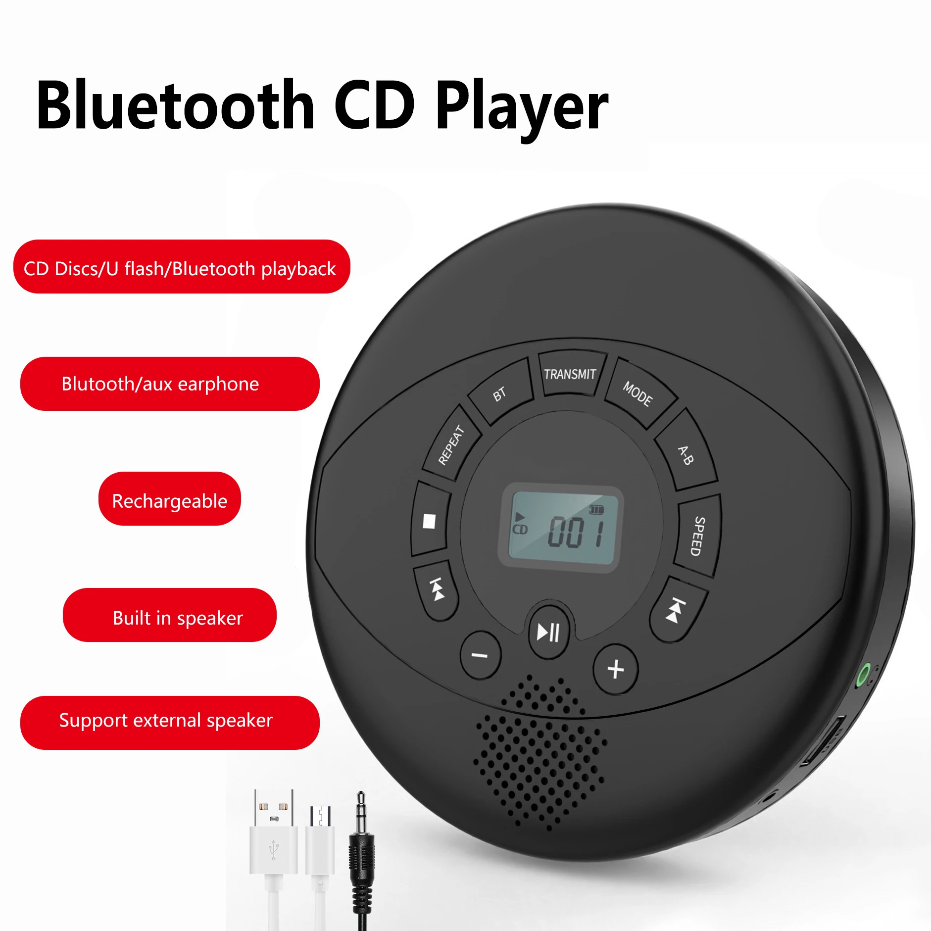 휴대용 CD 플레이어 블루투스 CD 워크맨, 충전식 CD 플레이어, USB, AUX, 헤드폰 포트 내장 스피커 