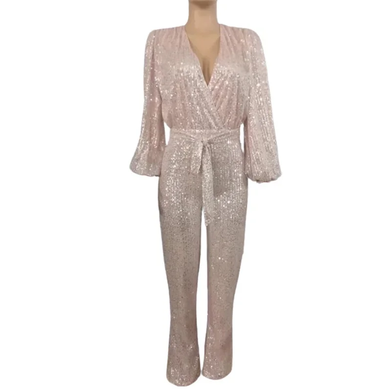 Women Glitter Sequins Splice Jumpsuit Fashion High Waist Lace-up Lantern Sleeves Deep V Neck Rompers Female Commuter Party Wear