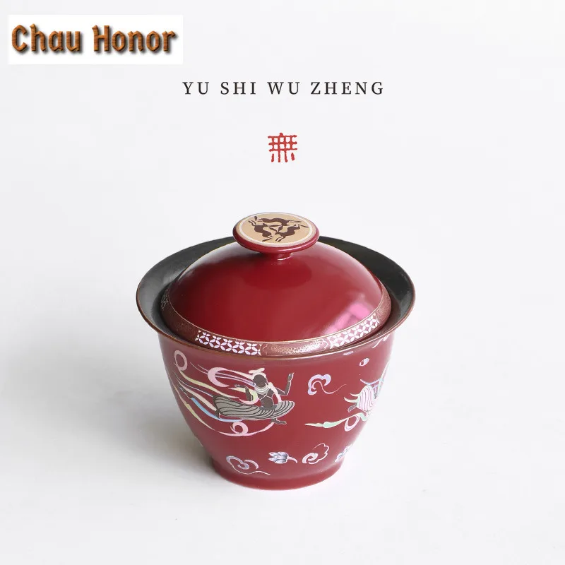 110ml Bearish Red Dunhuang Apsaras Gaiwan Elegant Tea Tureen Tea Bowl with Lid Kit Tea Brewing Cover Bowl Tea Ceremony Craft