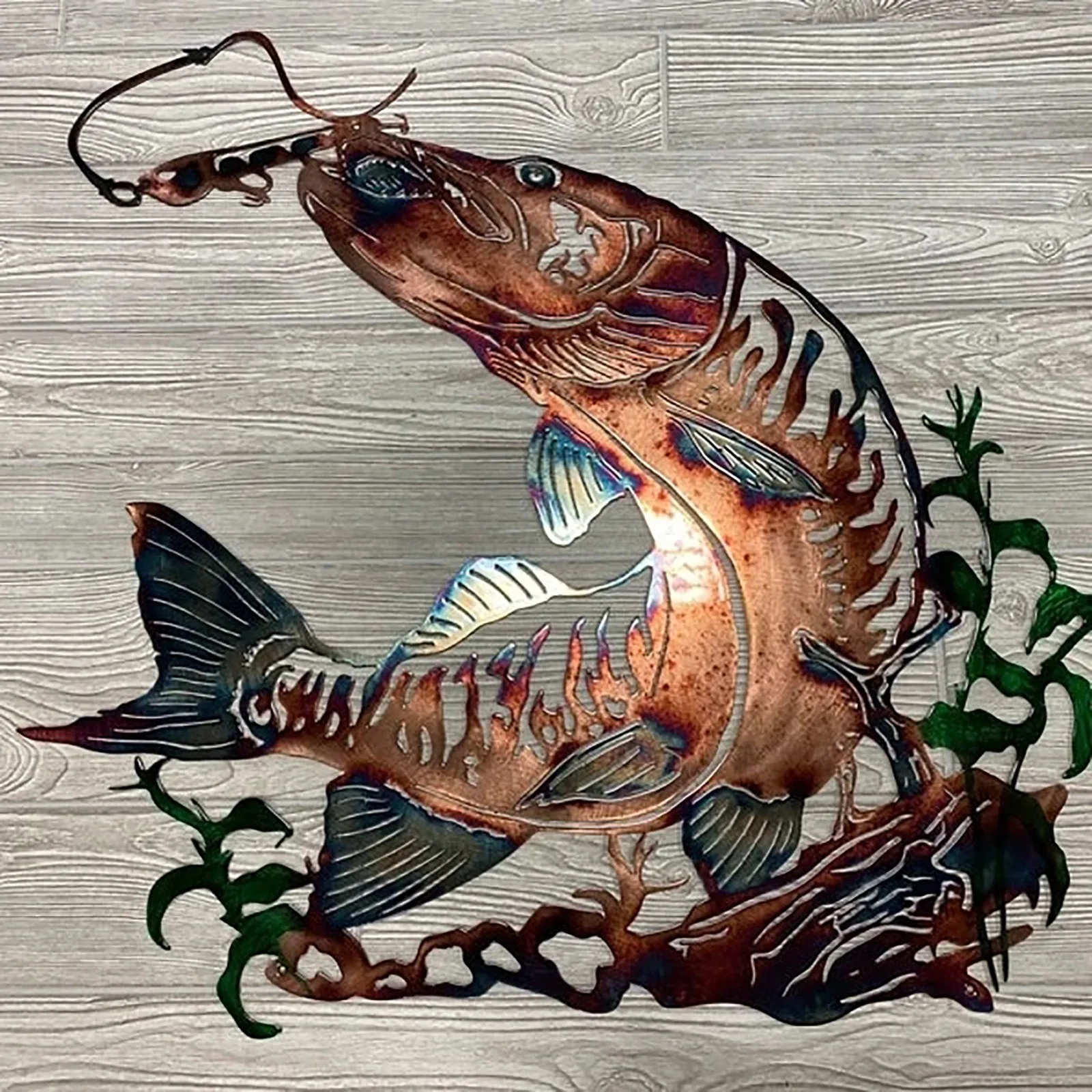 3D Metal Wall Art Decoration Hollow Out Fish Silhouette Sculpture Fishing  Scene Decal Sticker Ornament Rustic Cabin Decor