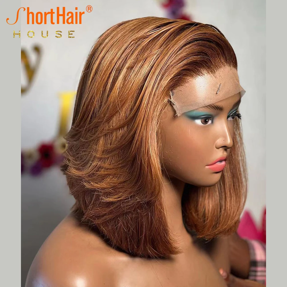 Honey Blonde Lace Front Human Hair Wigs Brazilian Wavy Bob Wigs Pre-Pucked Side Part Lace Closure For Black Women Natural