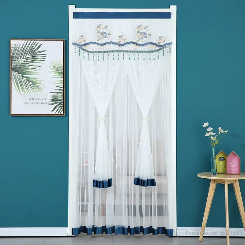 Punch-free Mosquito Screen Curtain Door Curtain, Breathable Bedroom Partition Curtain Double Layer Lace Embroidered Door Curtain