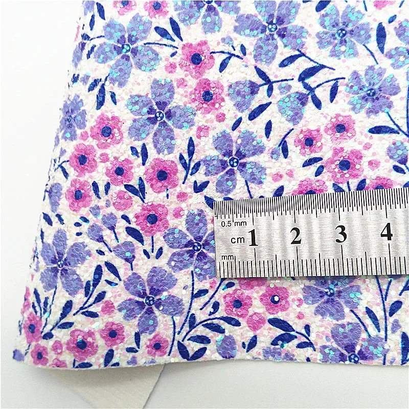 Blue Chunky Glitter Leather Hearts Flowers Printed Synthetic Leather JELLY Sheets Vinyl Sheets For Bows DIY 21x29CM Q677