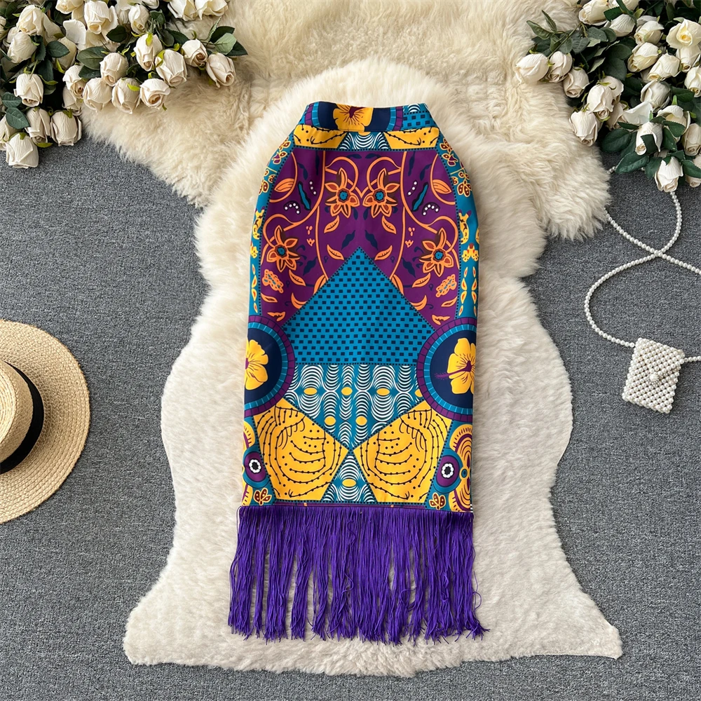 

Clothland Women Chic Print Tassel Pencil Skirt Elastic Waist Slim Fit European Style Retro Casual Midi Skirts BA235