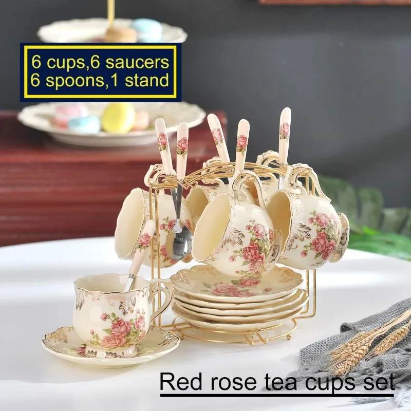 Tea Cups and Saucers Set of 6, 8 Oz Vintage Floral Porcelain Tea Cups Set, Coffee with Golden Rack