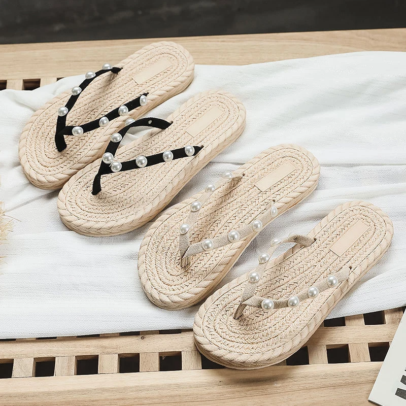 2022 New Summer Fashion Design Weave Women Beach Flip Flops Non-Slip Flat Ladies Outdoor Soft Slides Female Hemp Thong Slippers
