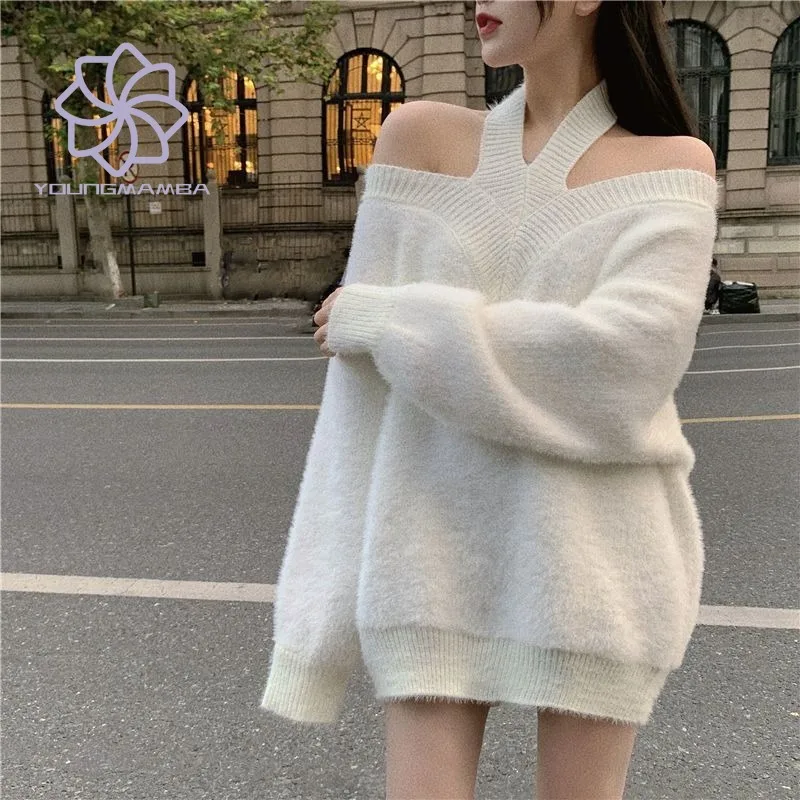 

Korean Fashion Solid Color Off Shoulder Knitted Sweater for Women Autumn Soft Warm Pullovers Female Knit Loose Tops