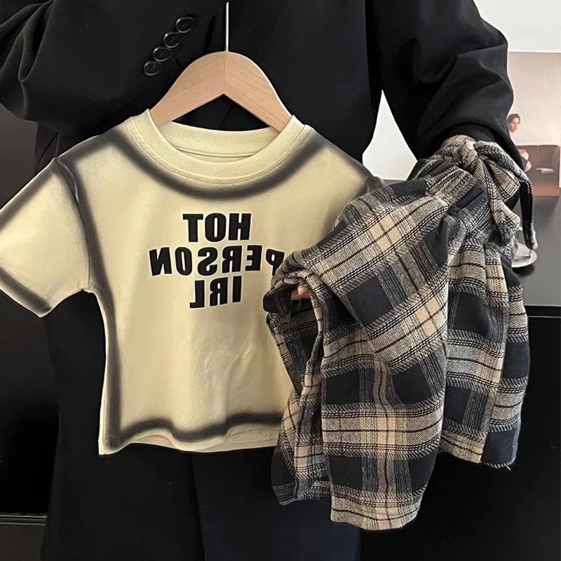Summer Children's Clothing Girl Set Fashionable Letter Stroke Edge Short Sleeved T-Shirt+Street Style Irregular Plaid Half Skirt - Image 2