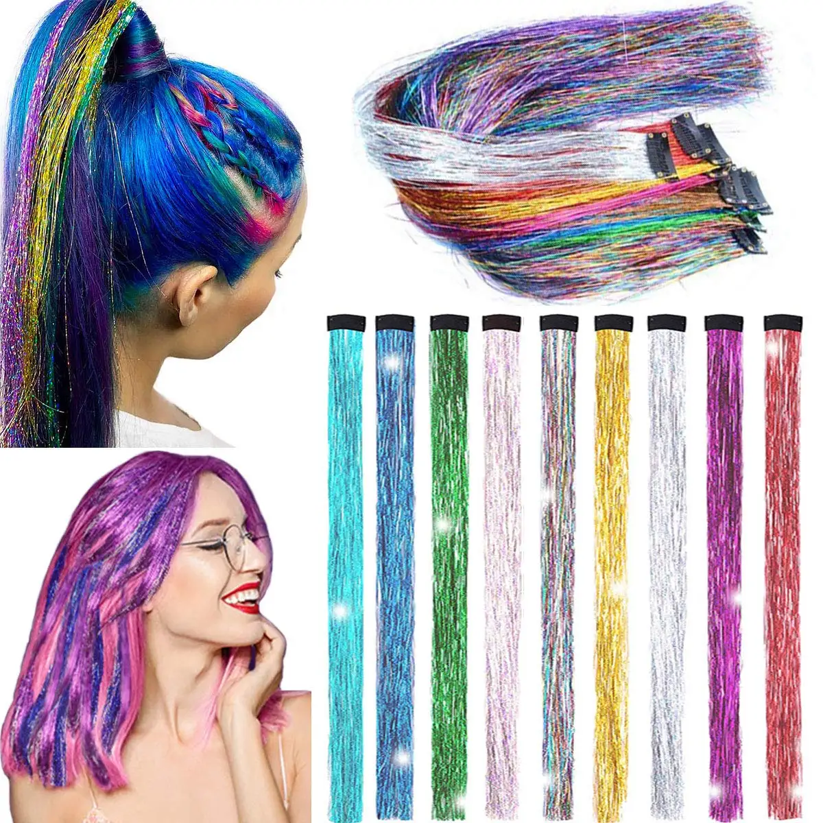 Dazzling female hippies with shiny tinsel rainbow silk hair extensions for braided headwear Length 120 cm 150 strands/pack