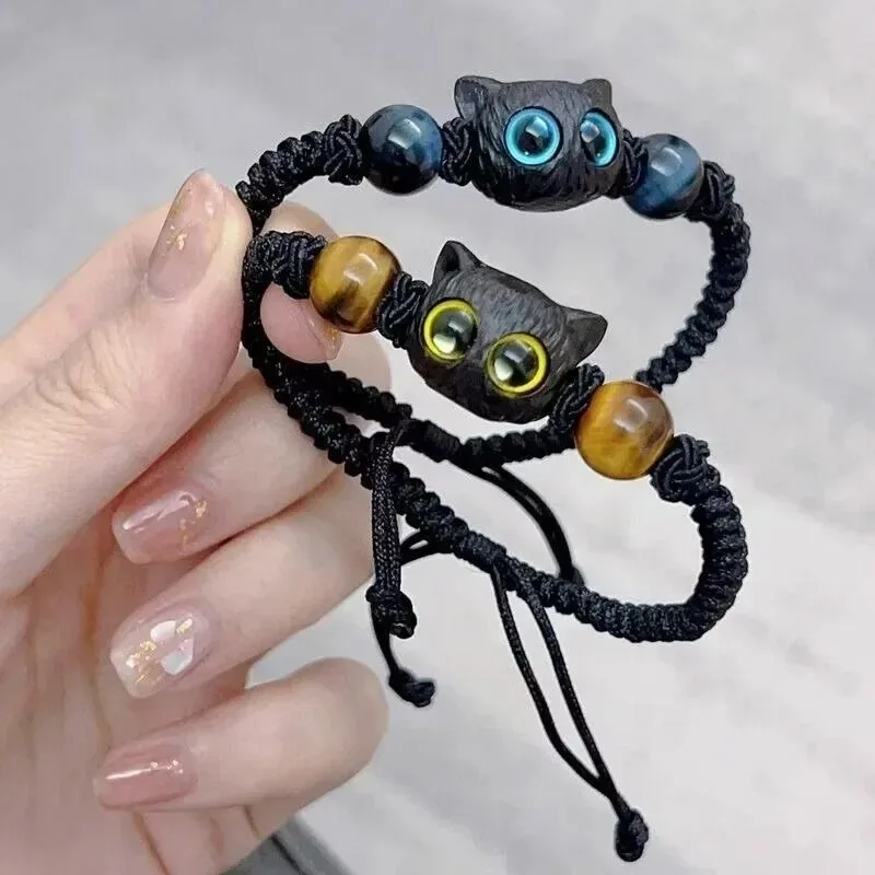 Cute Natural Stone Black Cat Bracelet for Women Girls Cartoon Animal Beaded Bracelets Handmade Jewelry Friends Couple Gifts