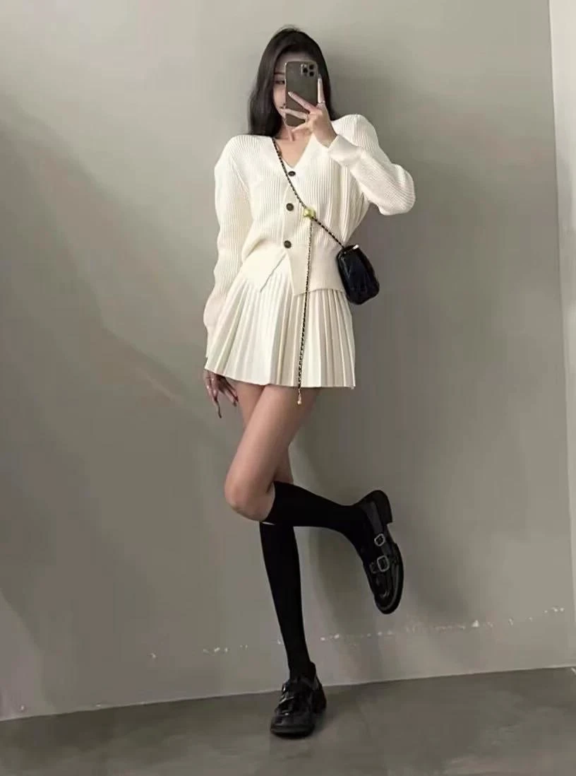 Casual Knitted 2 Piece Set Single Breasted V-neck Top + High Waist Mini Pleated Skirt Autumn Spring Korean Fashion Solid Outfits