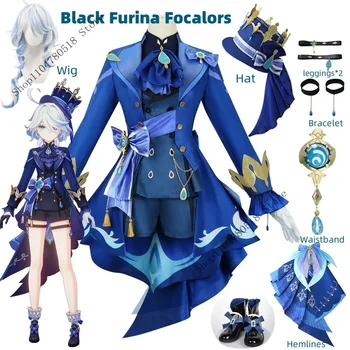 Furina Cosplay Costume Wig Hair Impact Fontaine Focalors with Hat Black Suits High Heel Cosplay Shoes for Women Outfits