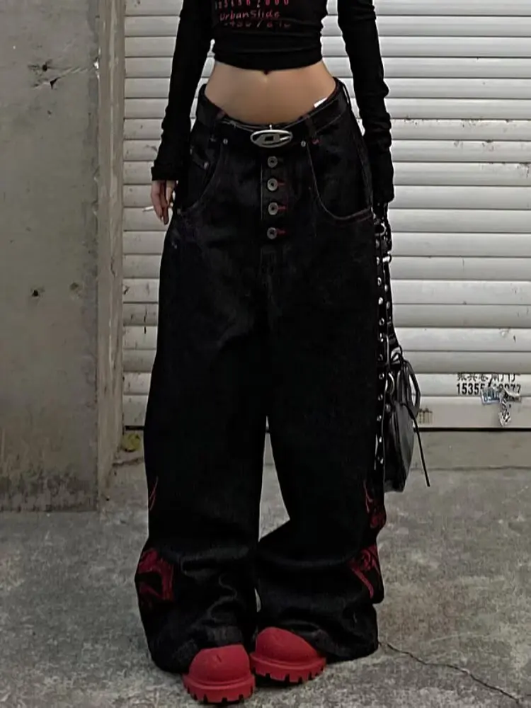 Y2k Embroidered Red Snake American High Street Retro Heavy Industry 3D Black Jeans for Men and Women Street Loose Wide Leg Pants 3