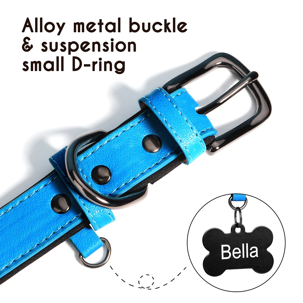 Adjustable leather padded dog collars showing available colors and buckle detail.