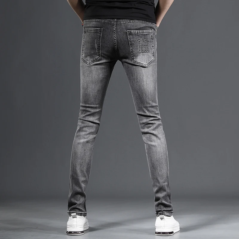 Summer Dark Gray Slim Fit Jeans Men Korean Style Casual Stretch Denim Pants
