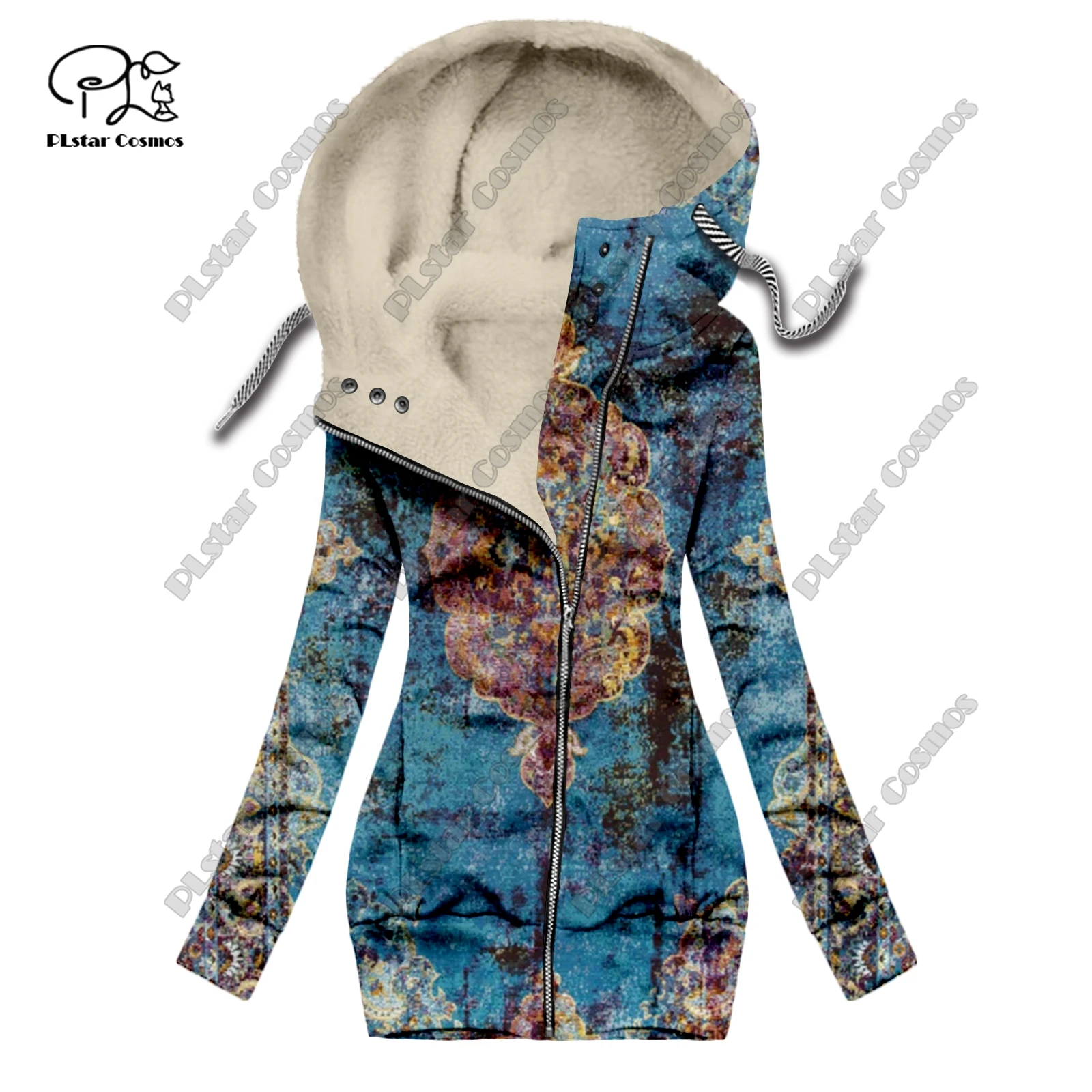 New 3D printing retro series carpet print pattern plus velvet warm women's long zipper hoodie jacket commuting casual winter F12