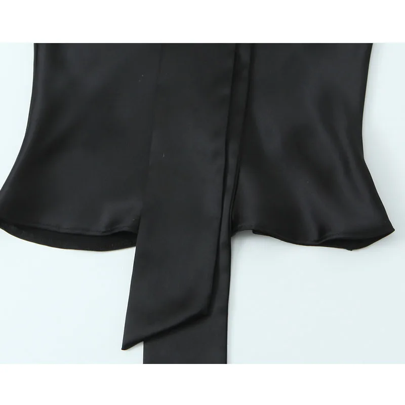 New Scarf V neck Blouse Women 2025 Women's Black Satin Elegant Long Sleeve Casual Short Shirts And Blouses Top ﻿