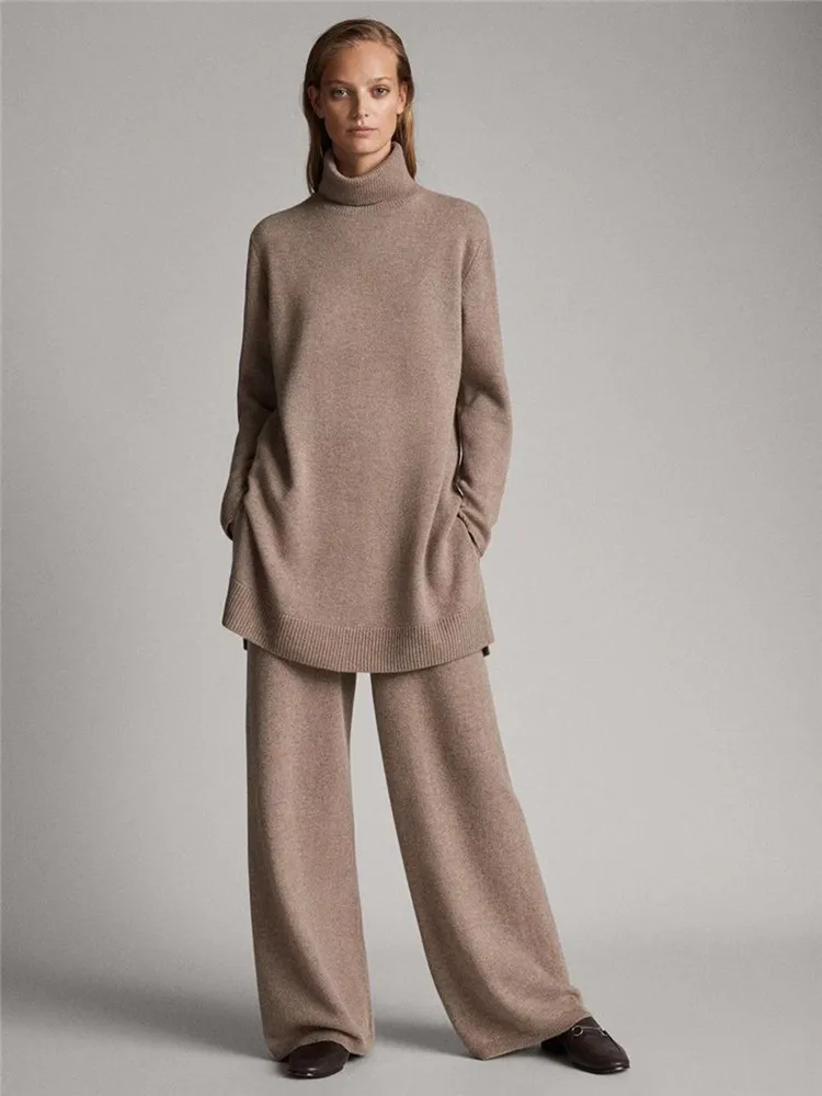 2023 New Cashmere 2 Piece Fashion Turtleneck Sweater And Wide Leg Pants Lazy Elastic Waist Wind Knit Two-piece Woman lazy sofa tatami inflatable sofa bed small apartment casual lounge chair single small sofa chair woman