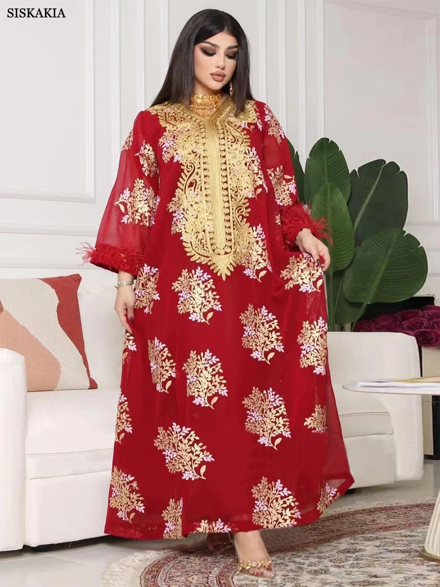 

Gold Lace Embroidery Dubai Abaya for Women Chic Tape Trim V Neck Long Sleeve Arab Muslim Party Evening Dresses Feather Corban