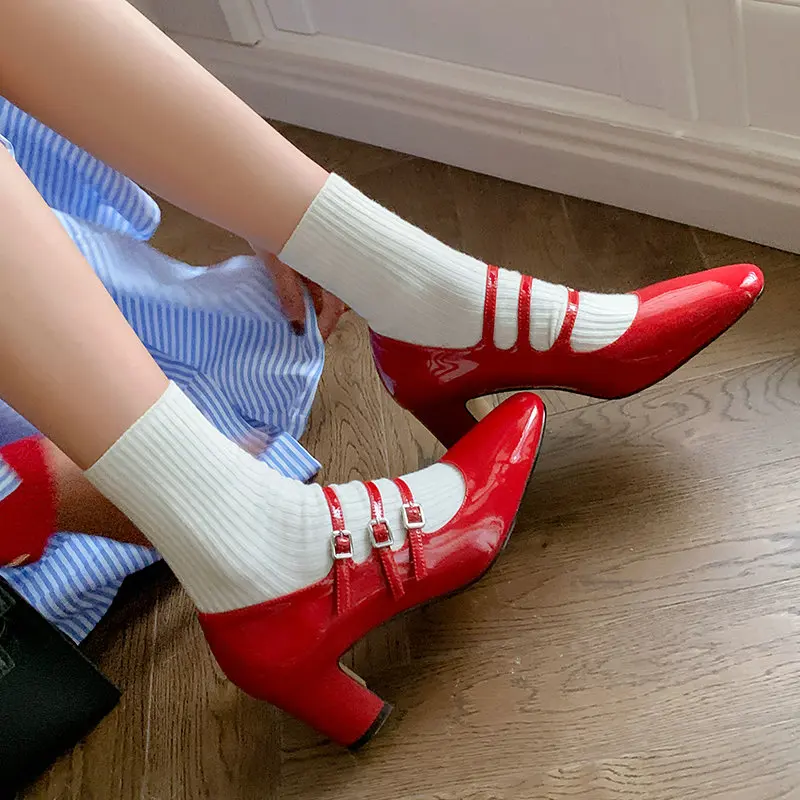 

Patent Genuine Leather Red Black Silver Double Buckle Strap Elegant Ladies Dance Party Heels Block High Heeled Mary Janes Pumps