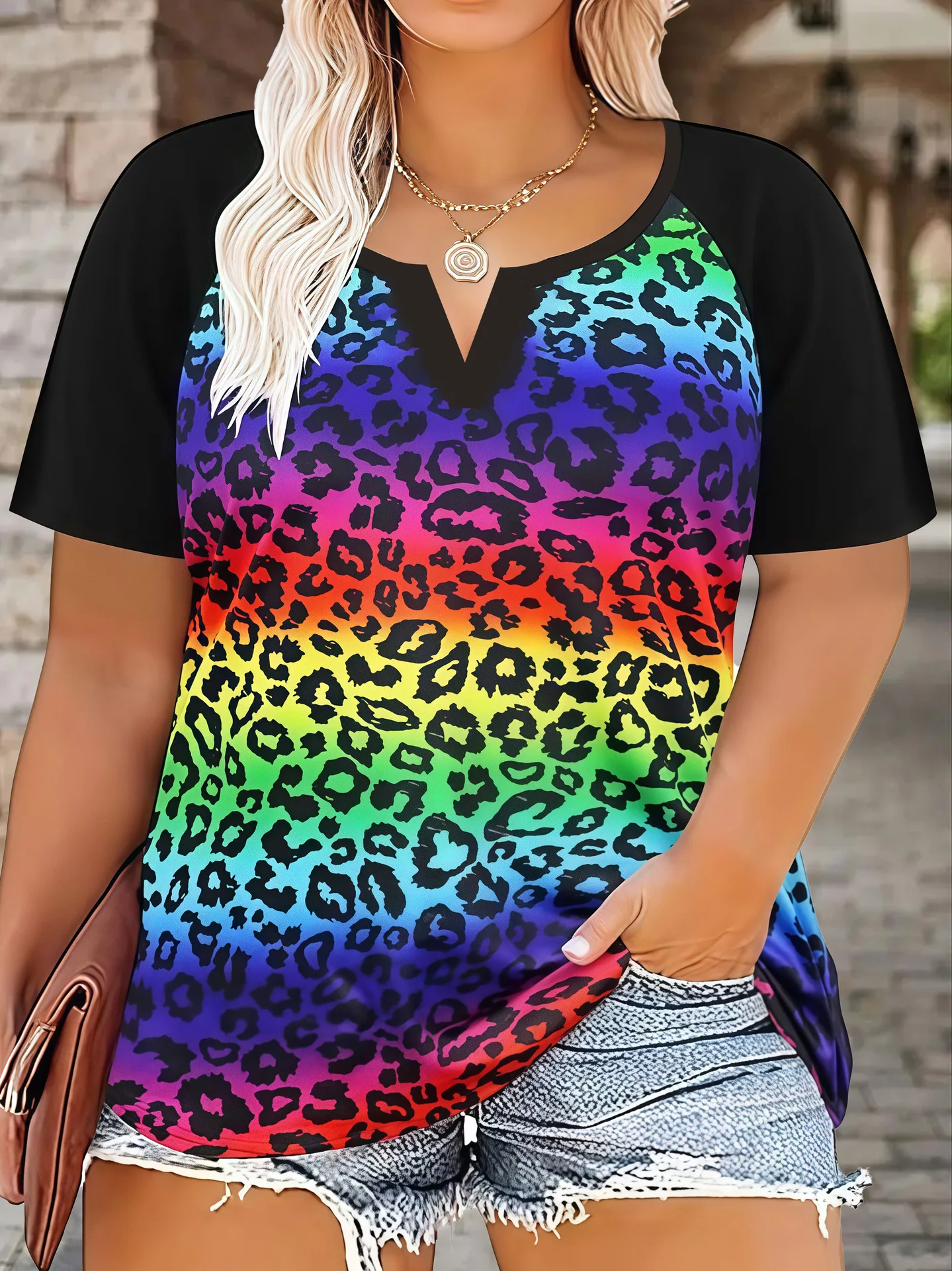 New 2025 Fashion Large Size Shirts Leopard Patchwork Print T-Shirt Casual Short Sleeve Top For Summer Women's Plus Size Clothing 5