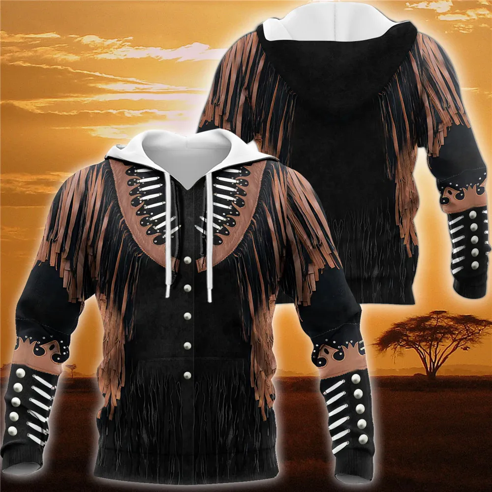 

HX Fashion Mens Sweatshirt Vintage Tribal Pattern Copy Leather Tassel Printed Hoodie Zip Coat Harajuku Casual Tops S-7XL