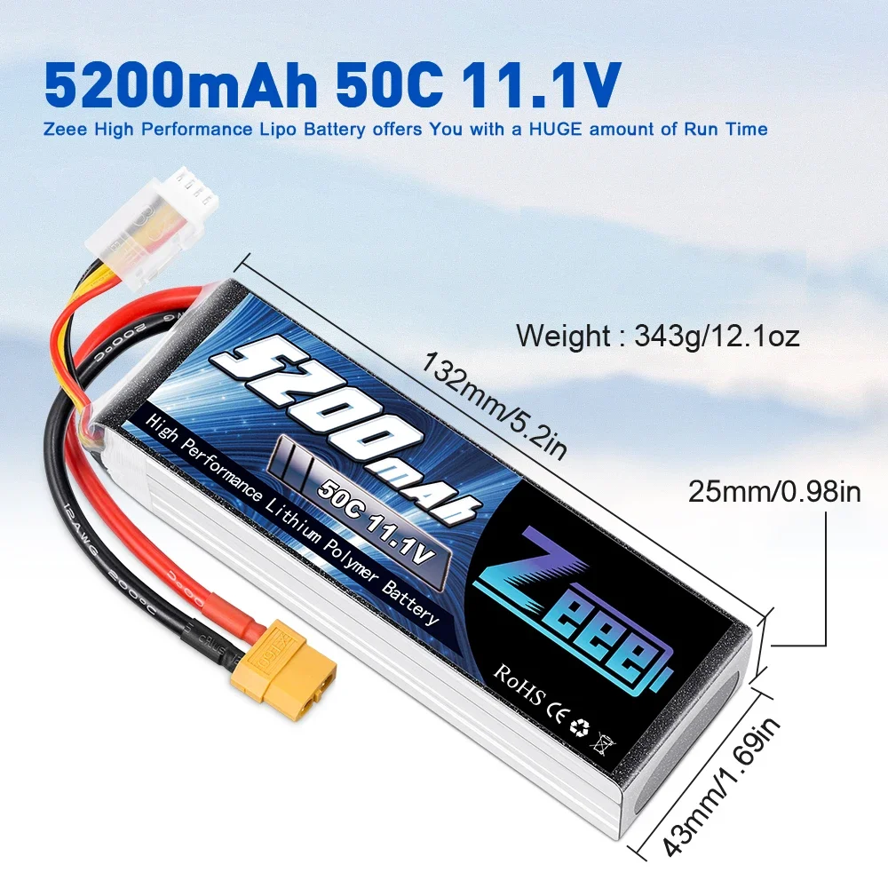 Connecteurs XT60 et Deans de la batterie LiPo Zeee 5200mAh 3S 11.1V 50C en gros plan.