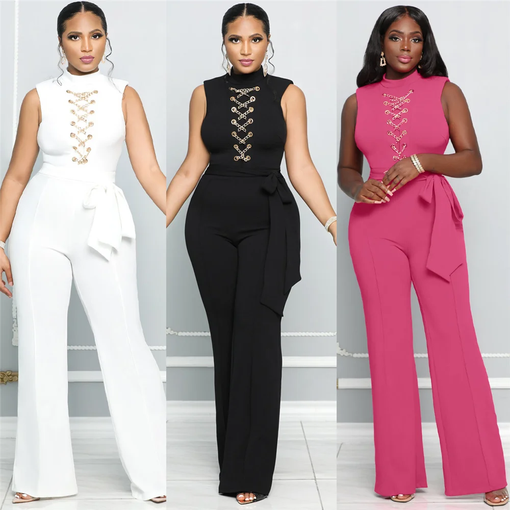 

Sexy Sleeveless Loose Jumpsuit Women 2022 Fashion Black Chain Belt One Piece Outfits Streetwear Party Elegant Rompers