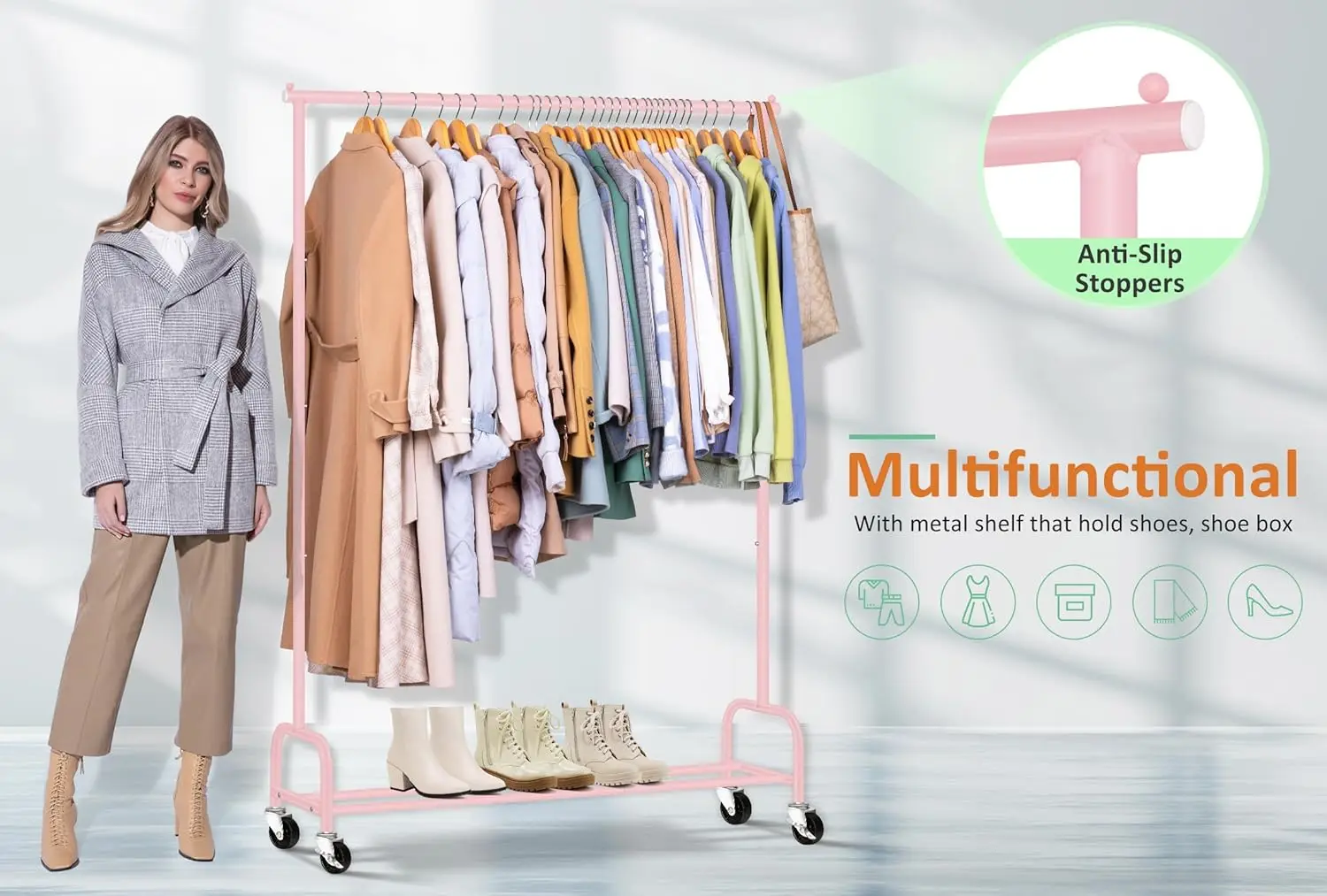 Heavy Duty Clothing Racks for Hanging Clothes Rack, 43" Wide Rolling Garment Rack Metal Clothing Hanger Rack with Wheels Wardrob 5