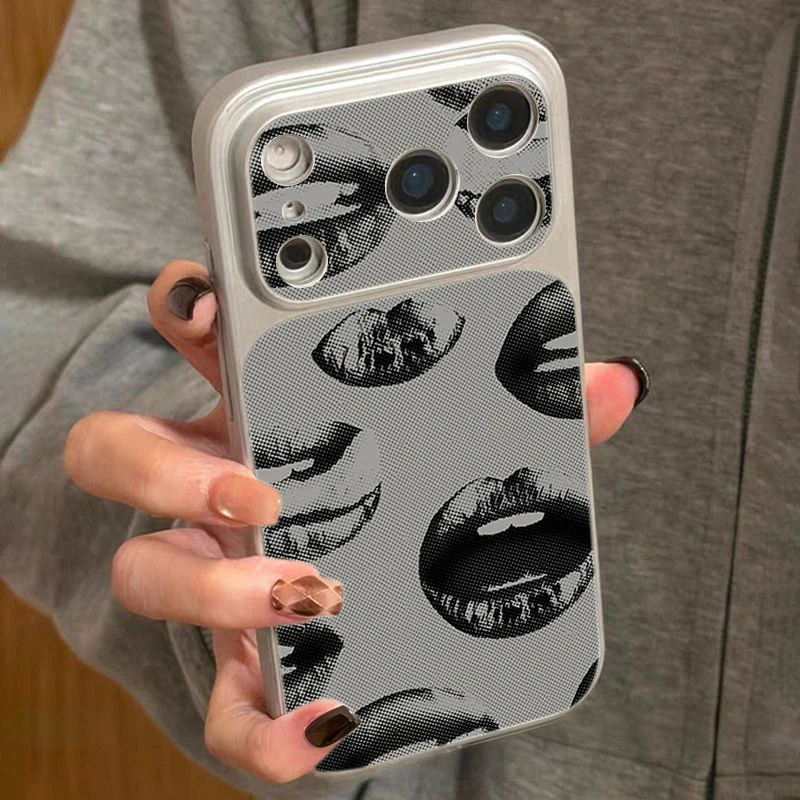 Black Lip Pattern Shockproof Phone Case with Faux Leather Trim