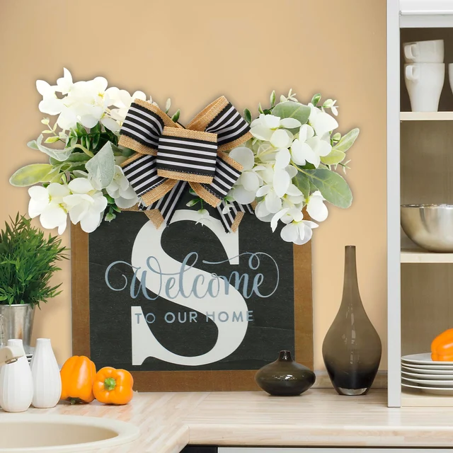 Vezetéknév A Bejárati Ajtó Koszorú Kreatív Üdvözlő Jel Rusztikus Levél Parasztház Csokornyakkendővel És Eukaliptusz Koszorúval - Image 3