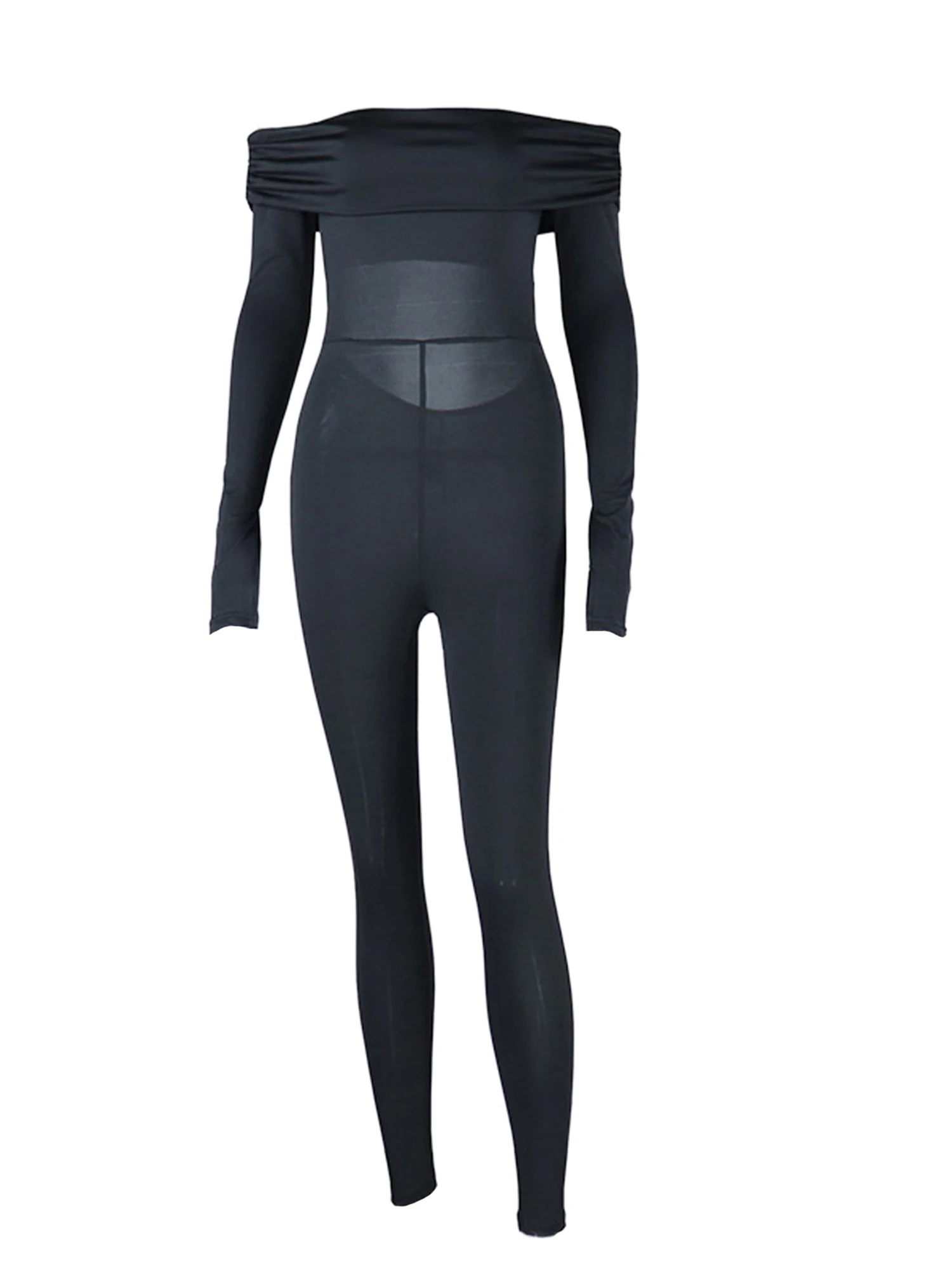 

Women s Off-shoulder Bodycon Jumpsuit Stylish Solid Color Romper with Backless Design Ruched Long Sleeves - Perfect for