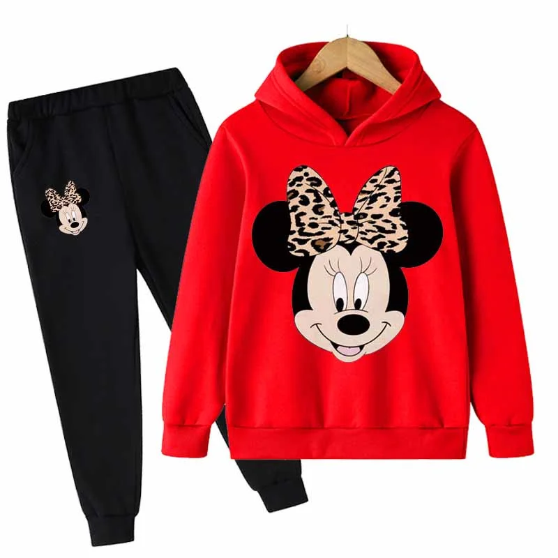 thumbnail image 1 of Conjunto de 2 piezas de sudadera con capucha y pantalones largos de manga larga con estampado de Mickey y Minnie Mouse para niñas, ropa deportiva informal para niñas, 1 of 5