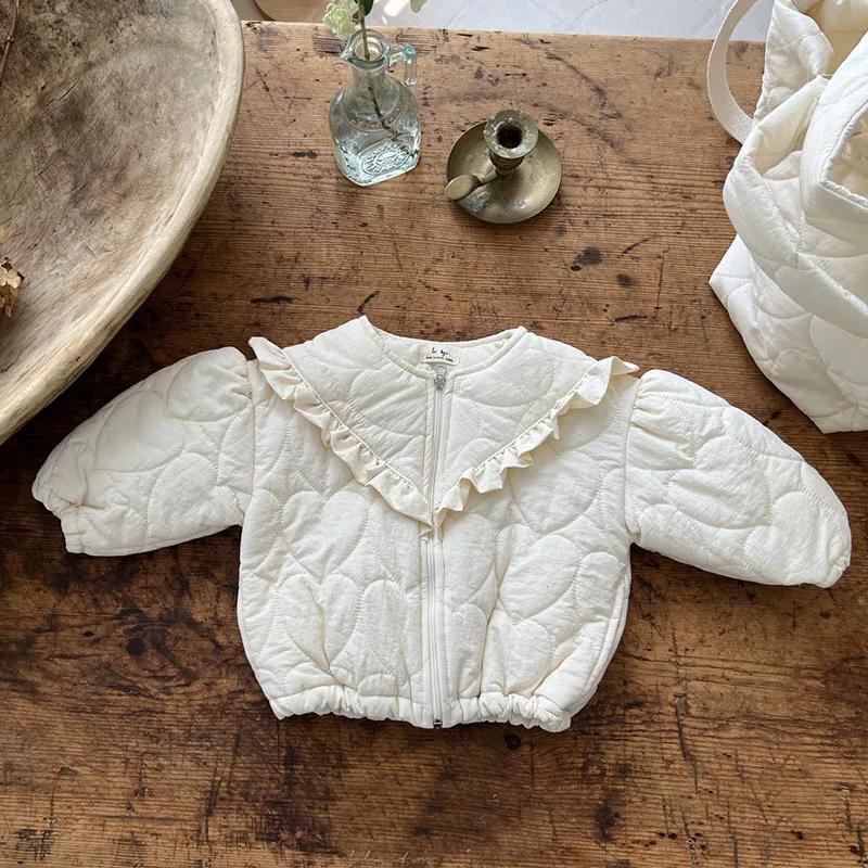 3559C Korean Girl's Coat 2022 Autumn and Winter Thin Zipper Baby Girl Lace Jacket Cotton Coat Solid Color Cotton-padded Jacket