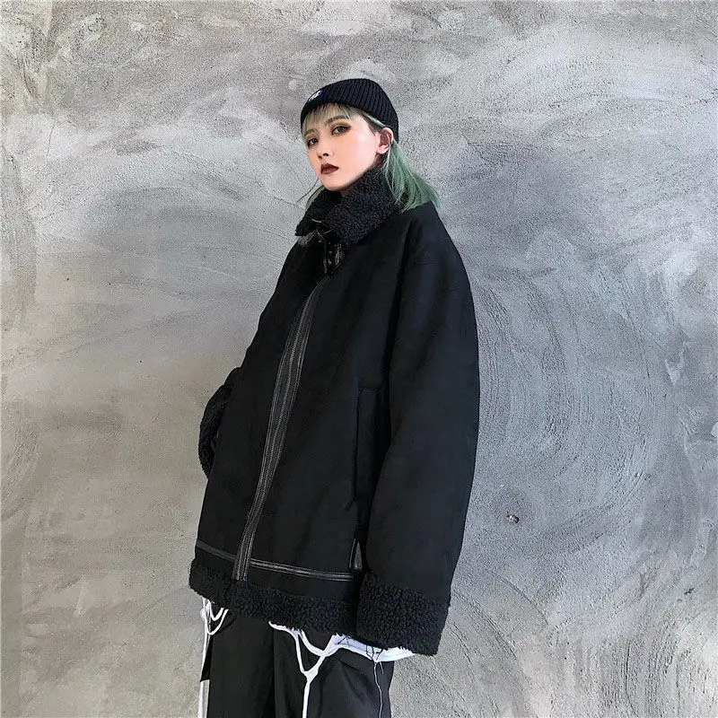 Winter Parkas Women Gothic Punk Warm BF Style Pockets Female Retro Streetwear Harajuku Chic Student Cargo Clothes Fashion Black