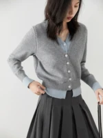 CHIC VEN femmes Cardigan décontracté col en v simple boutonnage contraste femme tricoté chandails à manches longues pulls printemps automne 2