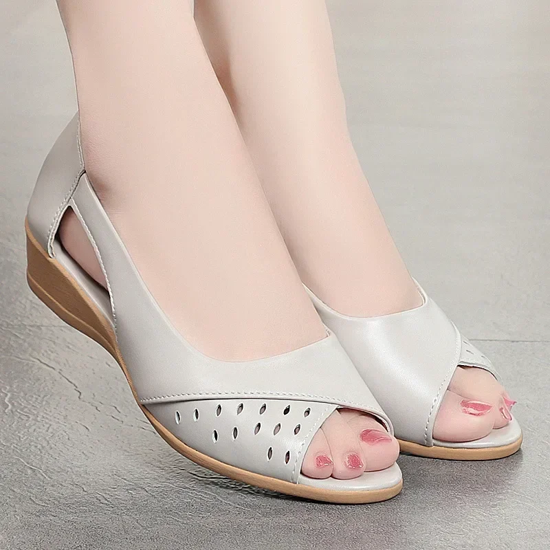 Women Chunky Wedges Peep Toe Sandals 2025 Summer New Sport Hollow