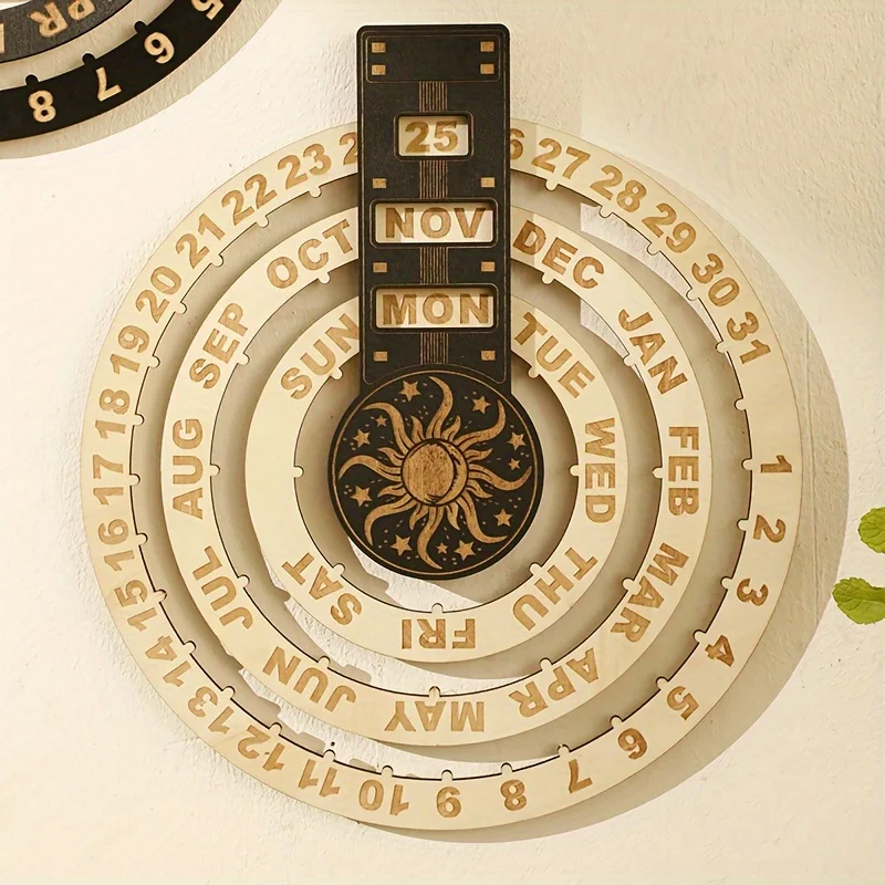 Perpetual Calendar Circular Home Decor Office Decor Wall Wooden Manual Rotatable Disks Calendar Family Wooden Craft Wall Art
