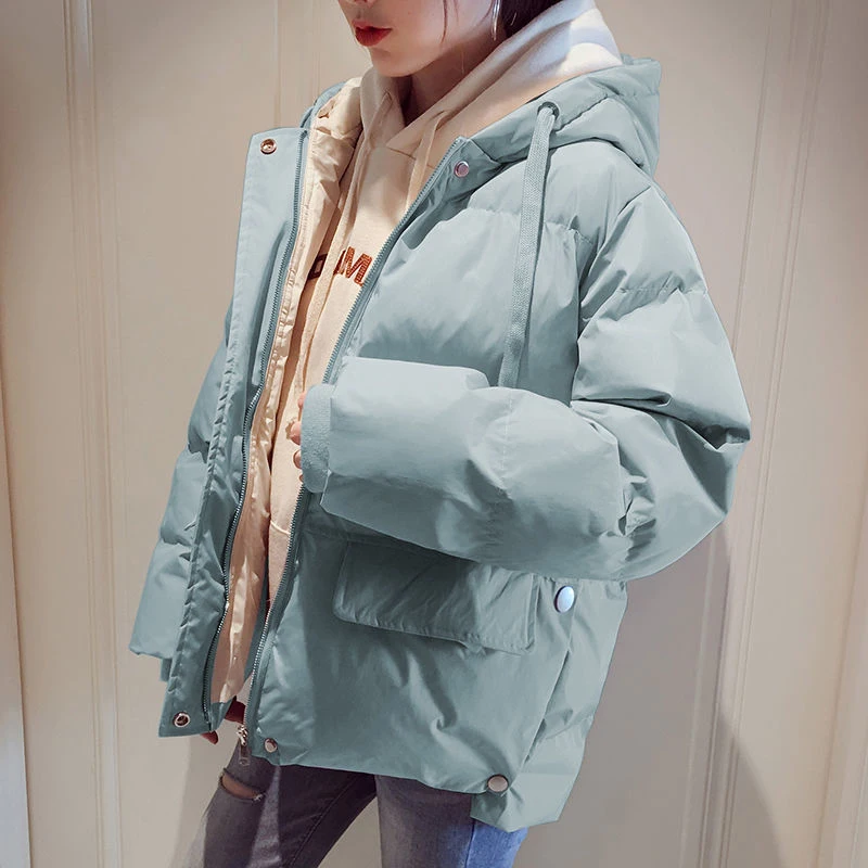 

Winter New Down Cotton Jacket for Women Loose Thick Warm Hooded Padded Cotton Coats Woman Casual Solid Color Short Parkas 2023