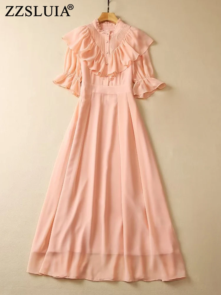 

ZZSLUIA Elegant Dresses For Women Shirring Ruffles Designer Slim Long Dress Fashion Lantern Sleeve France Dresses Female Clothes