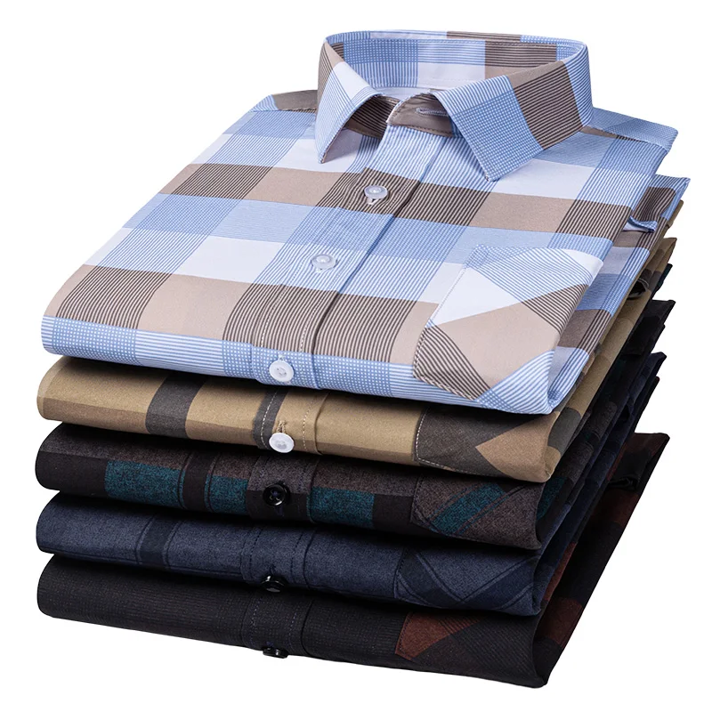 Shirt Print Men Spring Fashion Casual Soft Comfort Button Plaid Smart Shirt Slim Fit Stretch Anti-Wrinkle Non-iron Social Tops