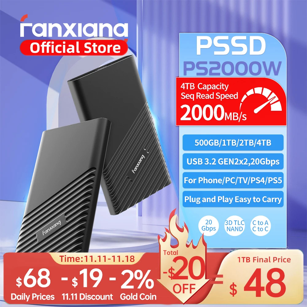 Fanxiang PS2000W 20Gbps Portable SSD 2000MB/s 1TB 2TB 4TB USB3.2Gen2x2 External Solid State Drive PSSD for PS5/4 Laptop Desktop External Hard Drive