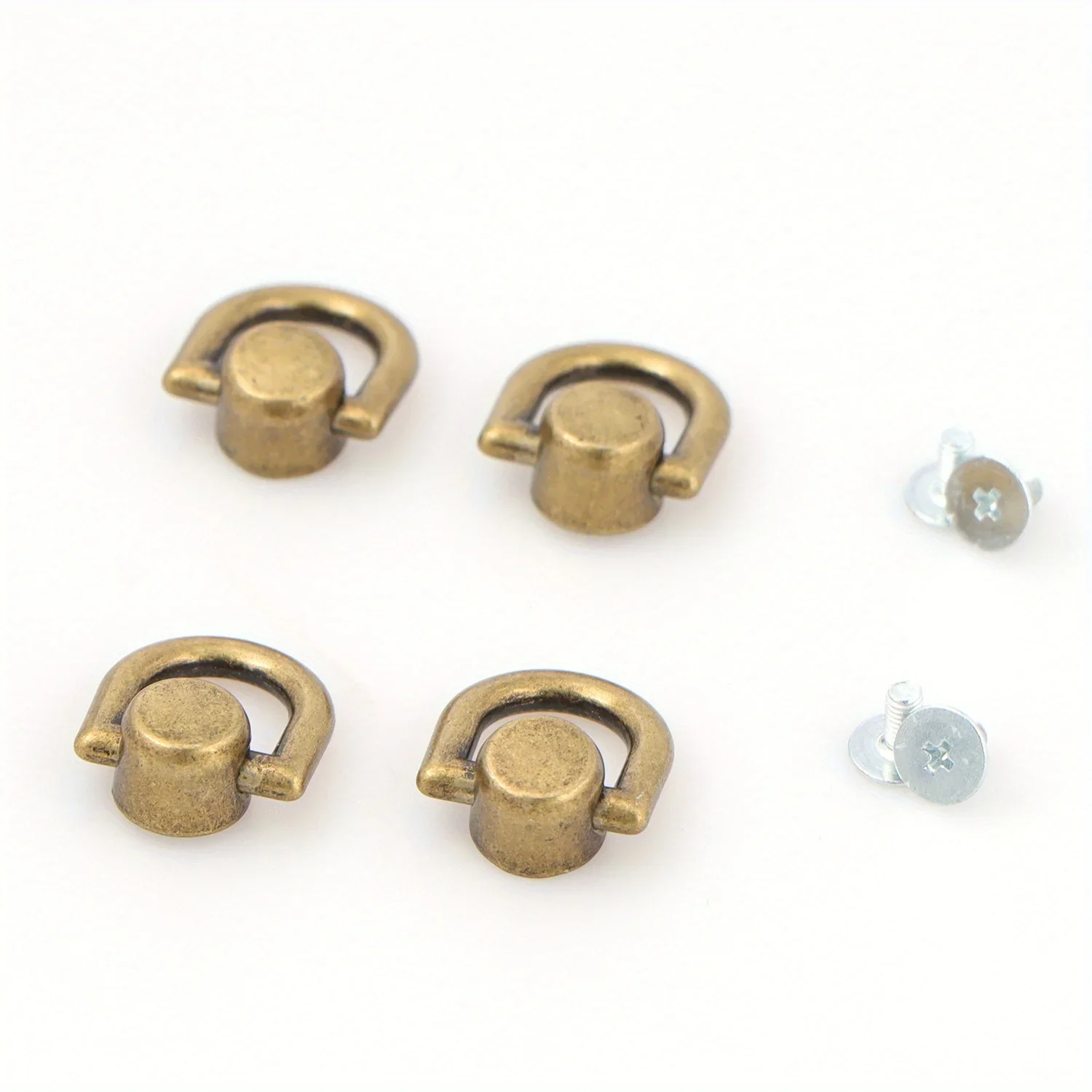 Set of 4 Decorative Metal D Rings with Screw Studs for Leather Crafting and Purse Accessories