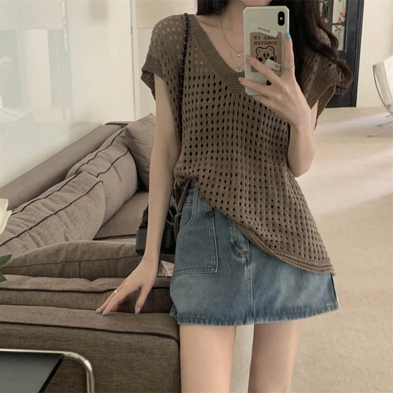 

Women Sexy Solid Color Summer Top Loose V Neck Sleeveless Summer Casual Hollows Vest Crochet Sweater Top Vest