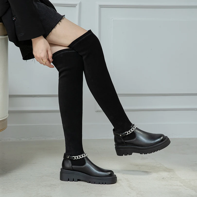 

Frosted Flock Panel PU Slip-On Women's Over The Knee Boots Flat Bottom Thick Heel Metal Chain Street Trend Long Boots