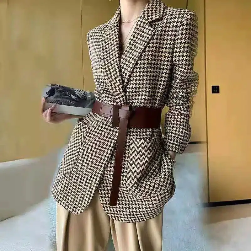 

Elegant Women Houndstooth Woolen Blazers Korean Office Ladies Long Jackets Fashion Belt High Waist Female Plaid Outwear Coat