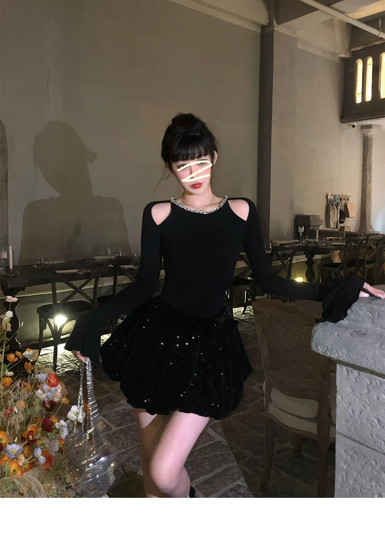 Autumn Winter Knitted Black Dresses for Women Long Sleeves High Waist A-line Birthday Party Dress Mini Vestidos Female Clothing
